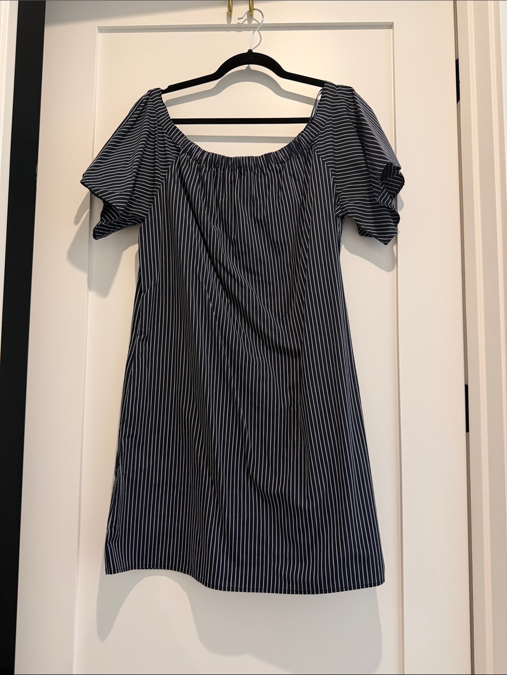 Banana Republic Navy and White Striped Off-Shoulder Mini Dress